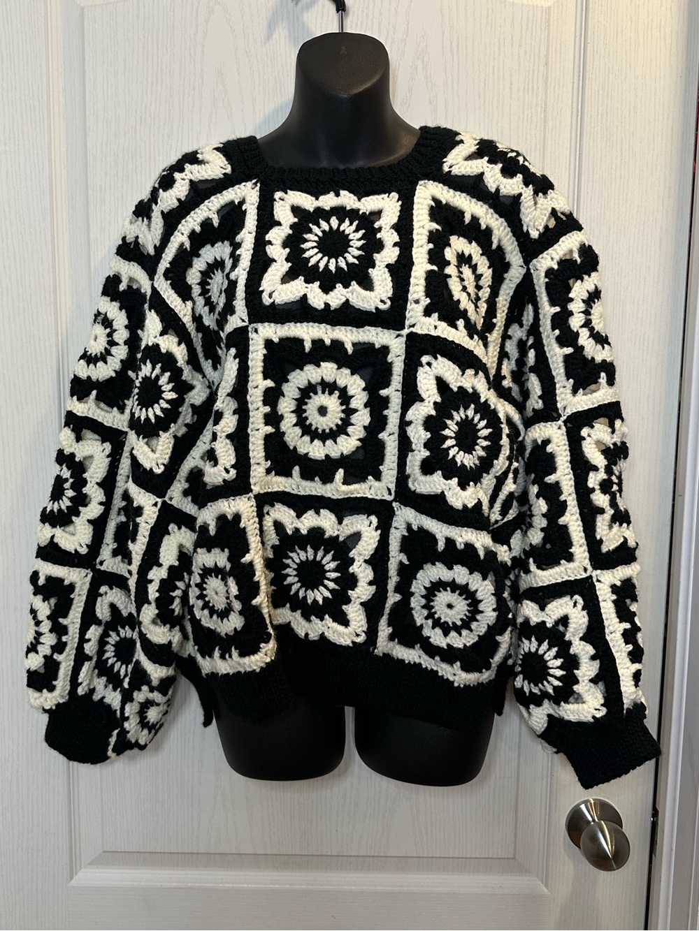 Black & White Crochet Granny Square Pullover Sweater S